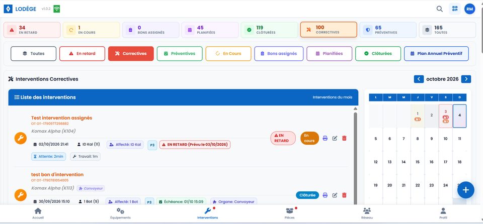 Écran Interventions de LODÉGE : compteurs par statut (en retard, en cours, planifiées, clôturées), liste du mois et calendrier