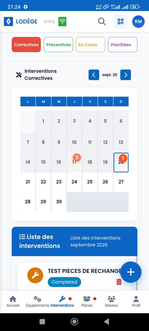 Capture réelle de la liste des interventions LODÉGE sur mobile, avec les statuts et les équipements concernés, en français.
